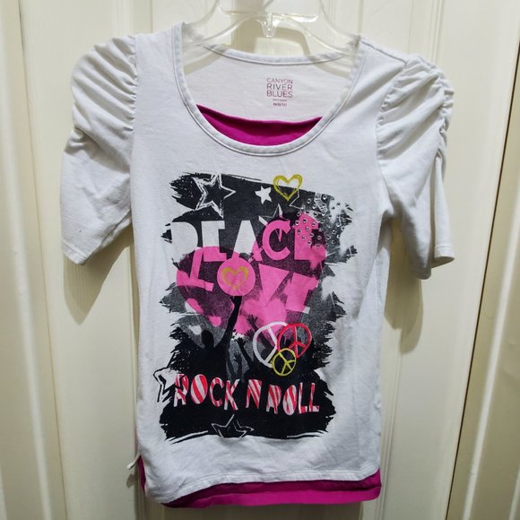 CANYON RIVER BLUES Layered Ruching Side Tie Graphic Tees, M (10-12) - Picture 9 of 16